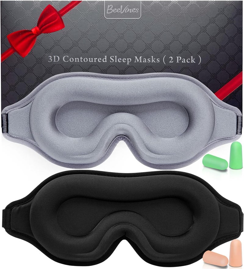 BeeVines Sleep Mask, 2 Pack 3D Contoured Sleeping Eye Masks for Lash Extensions, Night Molded Covers with Adjustable Strap, Eye Shade Cover Lashes Extension for Traveling Yoga Nap(Black & Grey) - Image 1